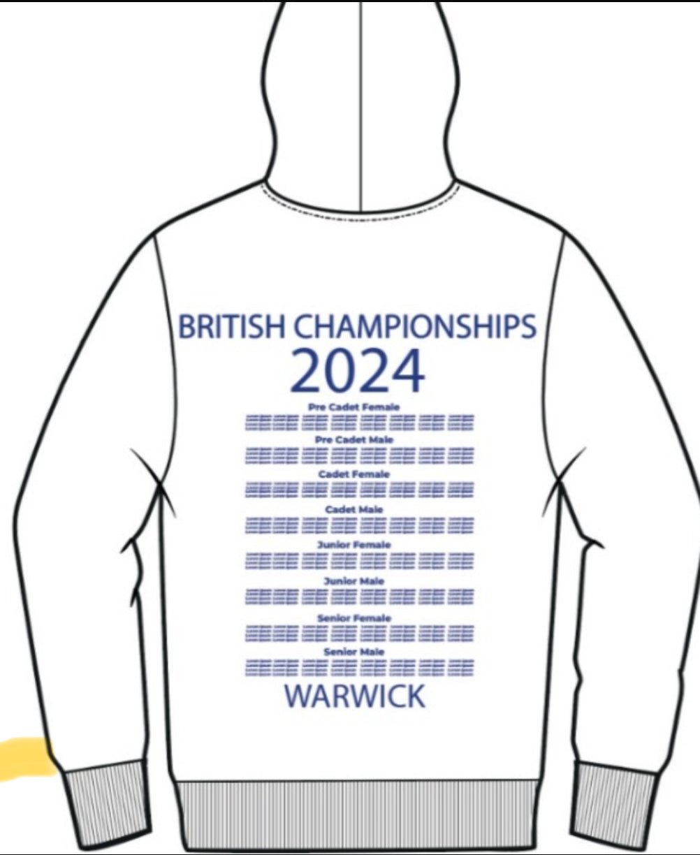 2024 British Judo Championships WHITE Event Names Hoodie Choice of Navy, White and Red