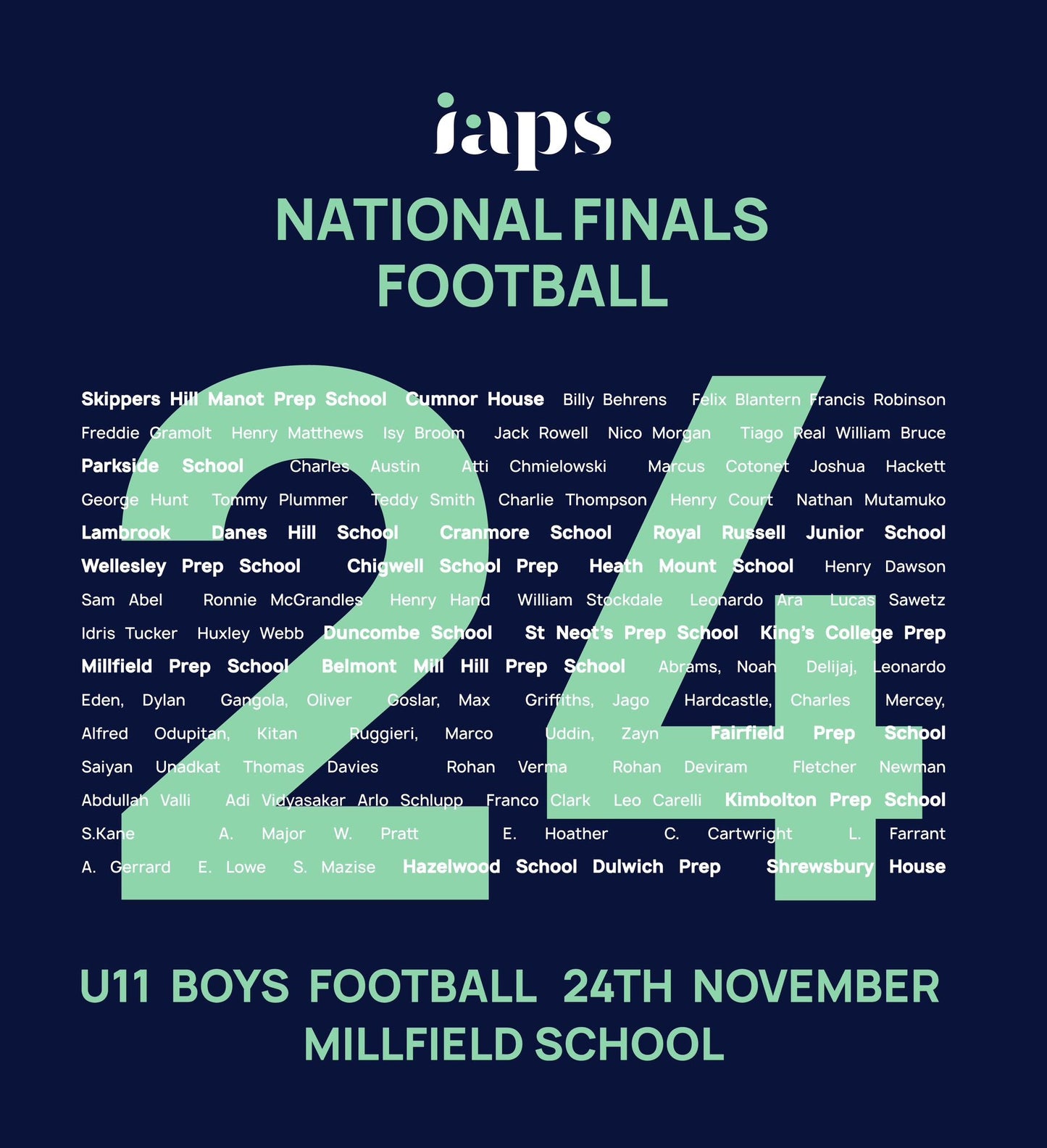 2024 U11's Boys Football National Finals Names IAPS Sports Football Hoodie Competitor Names