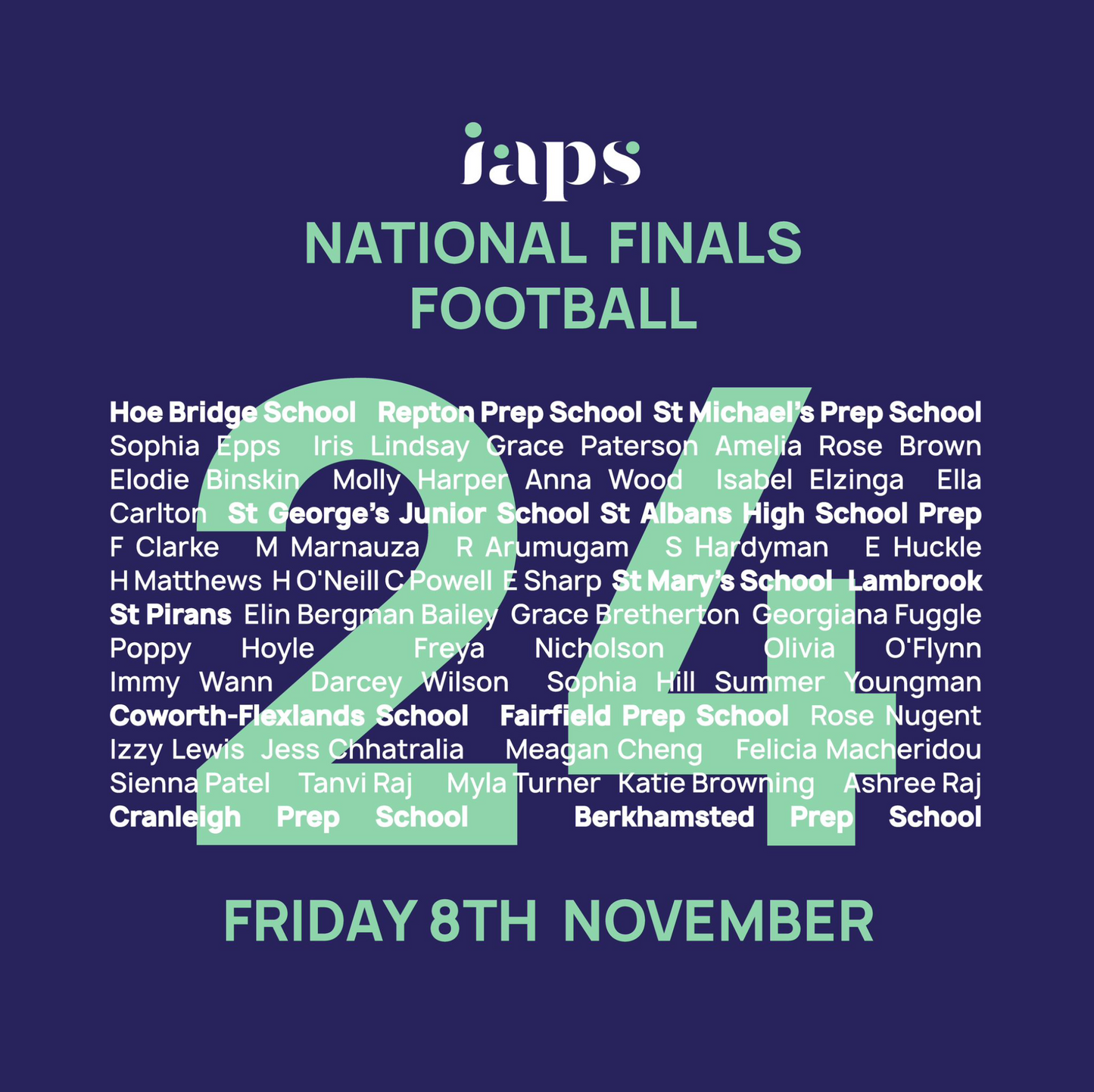 2024 U11 Girls Football National Finals Names IAPS Sports Football Hoodie Competitor Names