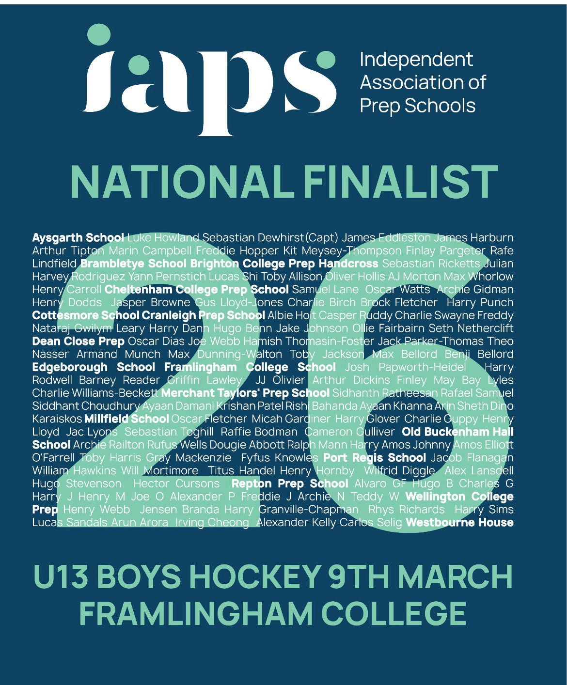 Under 13's  Boys  2026  IAPS Sports Hockey Final with Names 9th March