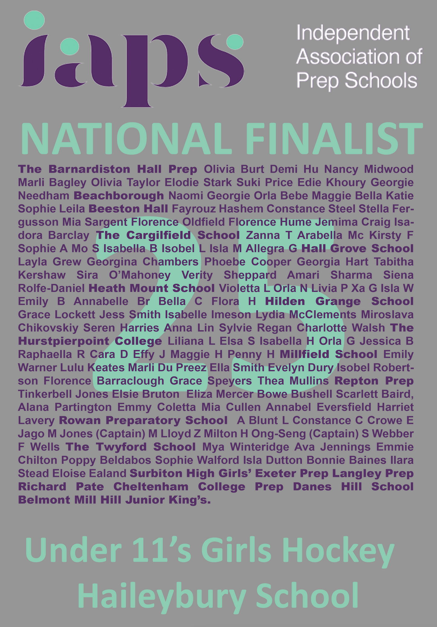 Under 11's  Girls 2025  IAPS Sports Hockey Final with Names